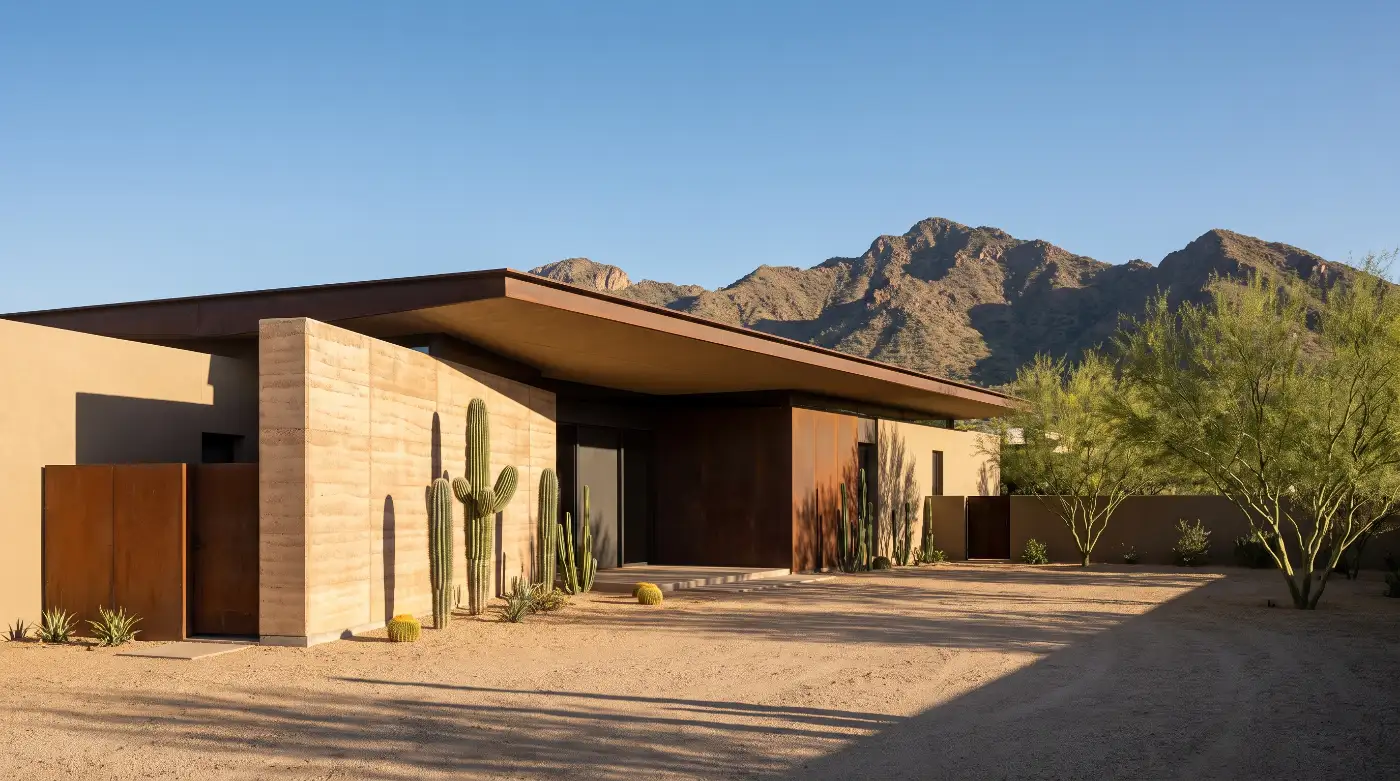 A desert contemporary house in sand stucco and rammed earth with a deep shaded entry, saguaro in decomposed granite and mountains behind