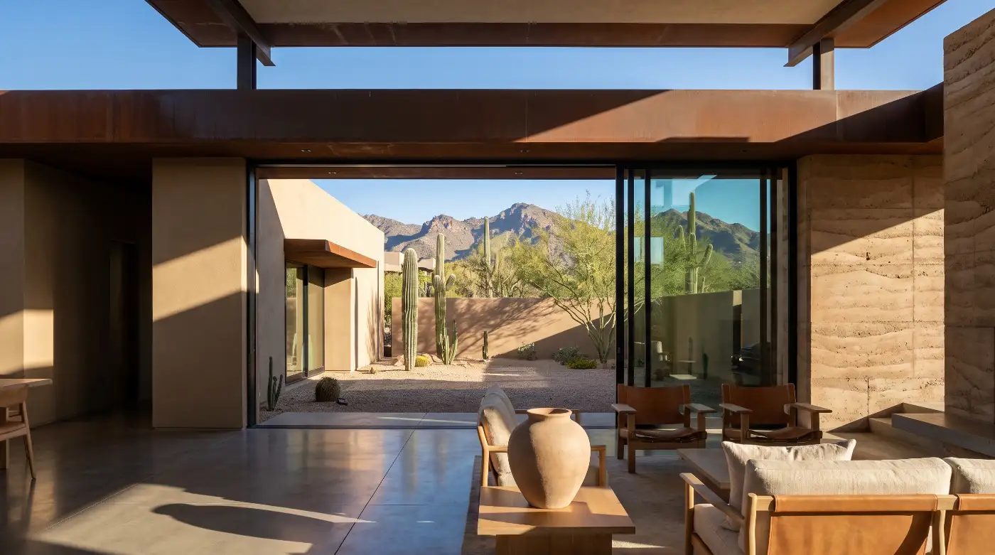 A living room with a rammed earth feature wall, polished concrete floor and a wall of glass sliding open to a desert court