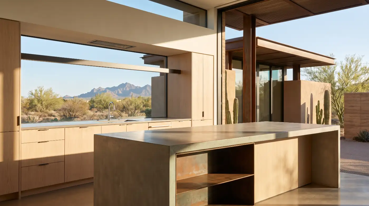 A kitchen in pale rift oak with a honed concrete island and a long slot window framing desert and mountain
