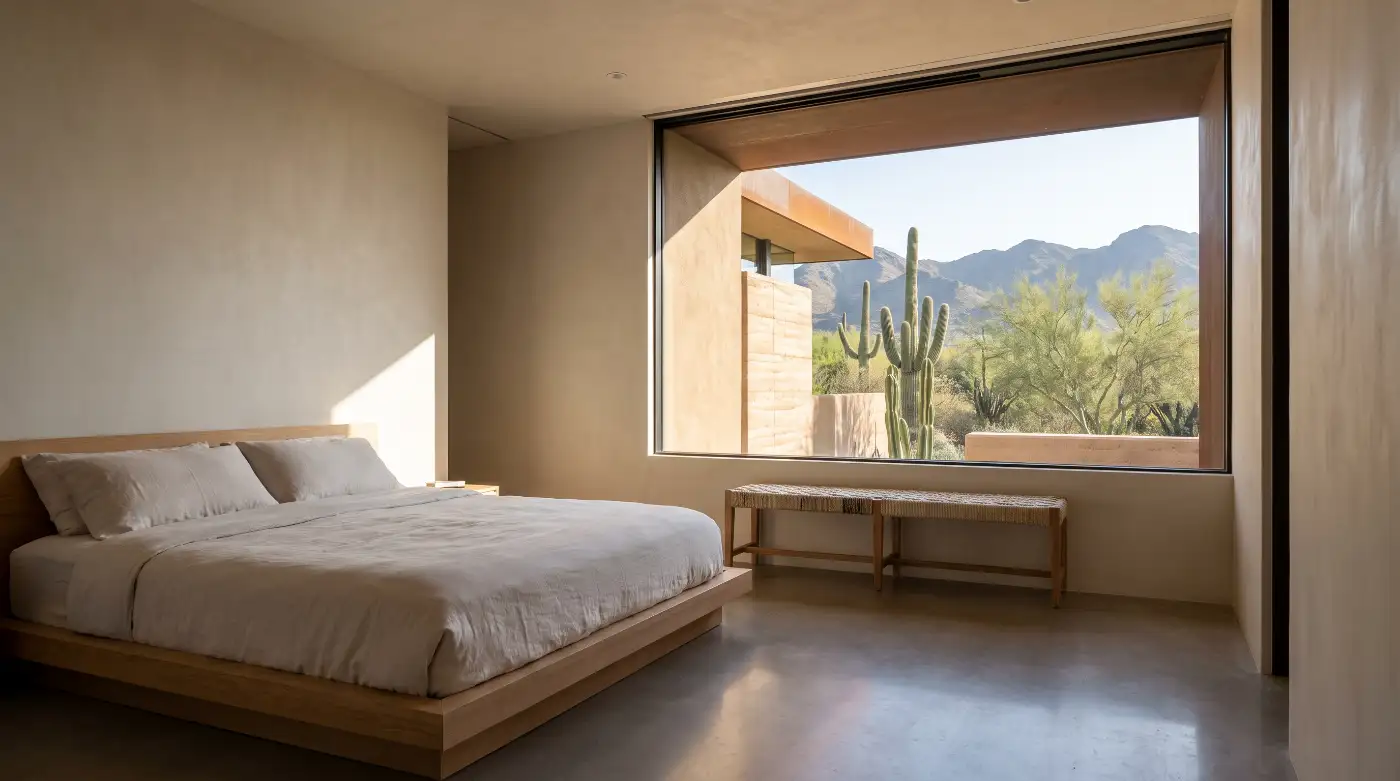 A primary bedroom in plaster and concrete with a low platform bed and a shaded window onto saguaro and mountain