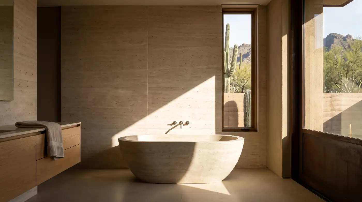 A primary bathroom in honed travertine with a freestanding stone tub and a tall narrow window admitting a blade of desert sun