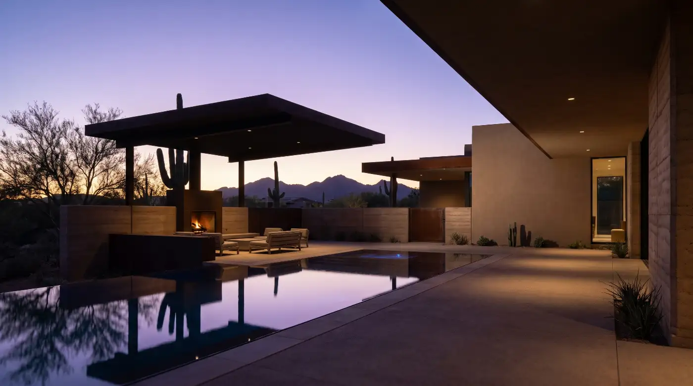An outdoor living court at dusk with a negative-edge pool, a shaded ramada and a steel fireplace, mountains going violet