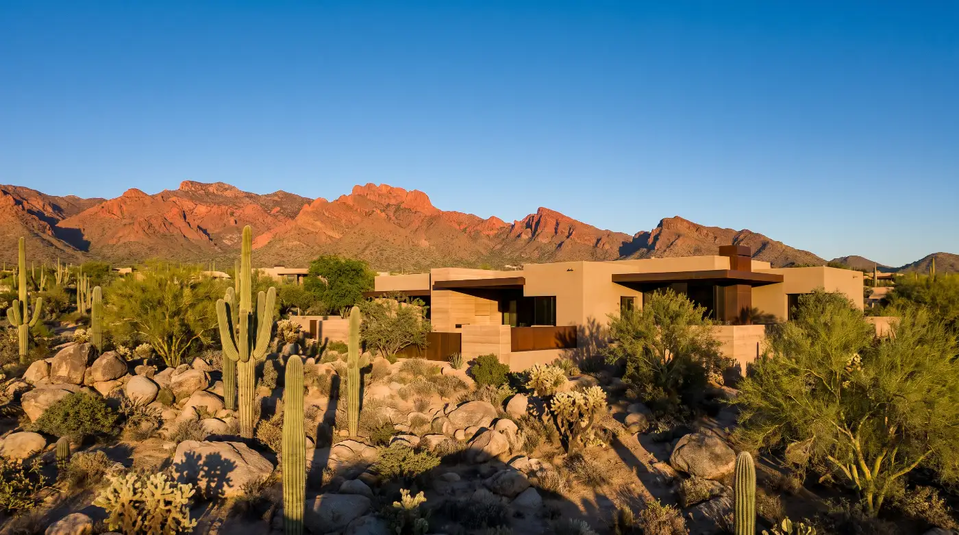 The upper Sonoran desert around the house: saguaro and cholla on a boulder-strewn bajada with the mountains catching last light